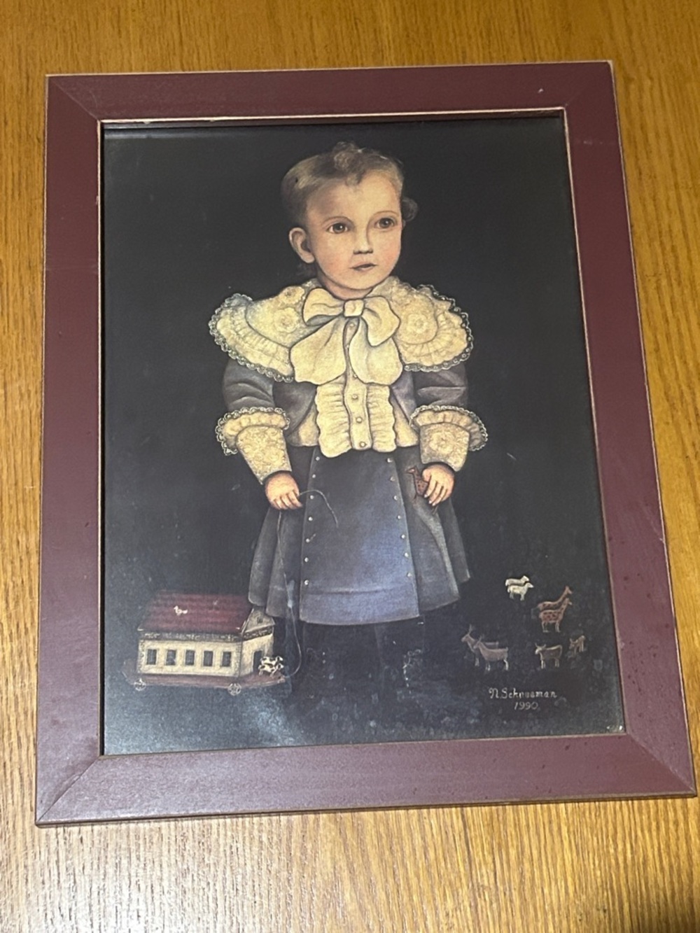 Vintage 1900 N SHNEEMAN/ BOY WITH BARN/COWS TOY Print Burgundy 18”x 14” Frame